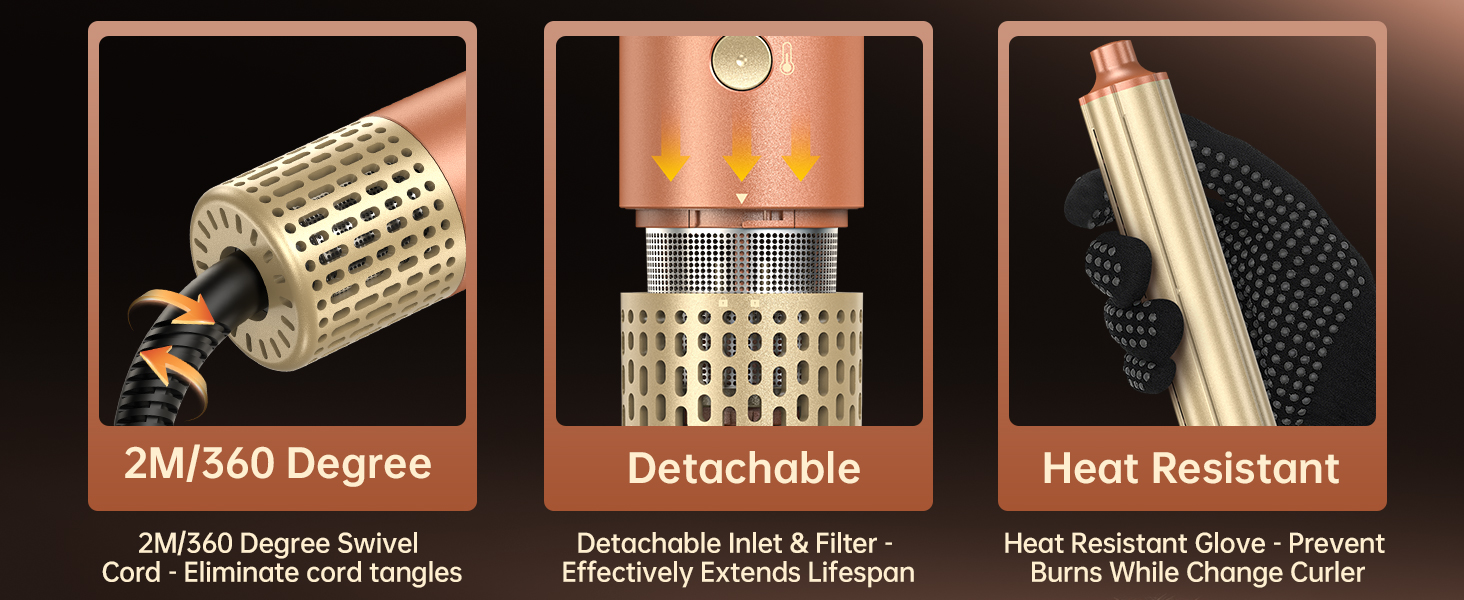 Le texte indique « Pivotant à 360/450 degrés », « Amovible » et « Résistant à la chaleur ». Grille de produits présentant les différentes caractéristiques techniques d'un article avec des instructions détaillées sur les spécifications.