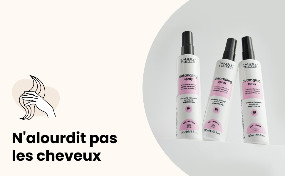 Le texte se lit comme suit : « N'alourdit pas les chevaux ». Trois flacons pulvérisateurs contenant un produit teinté en rose avec des étiquettes roses assorties affichées sur fond gris.
