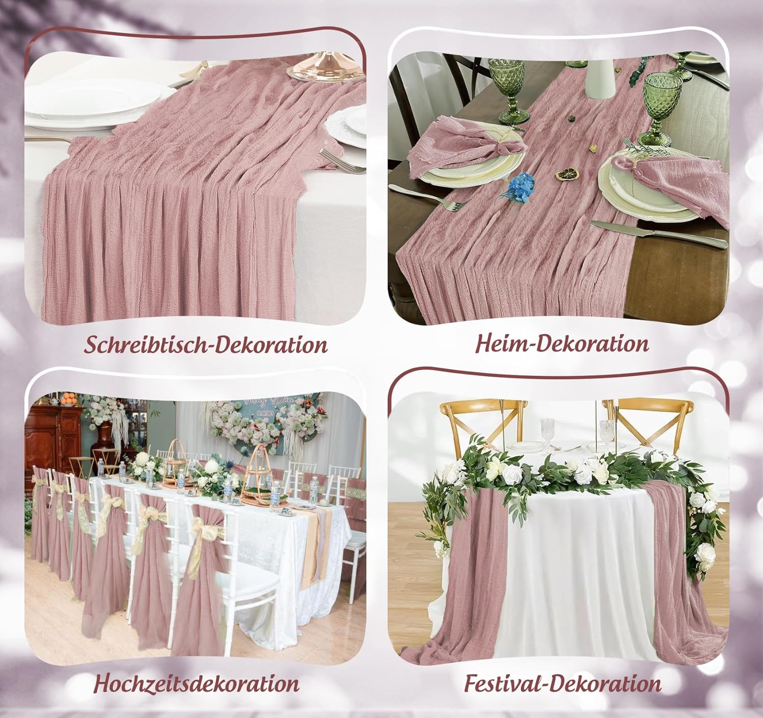 Chemin de table - étamine, 80x300cm, rose pâle, style bohème, synthétique