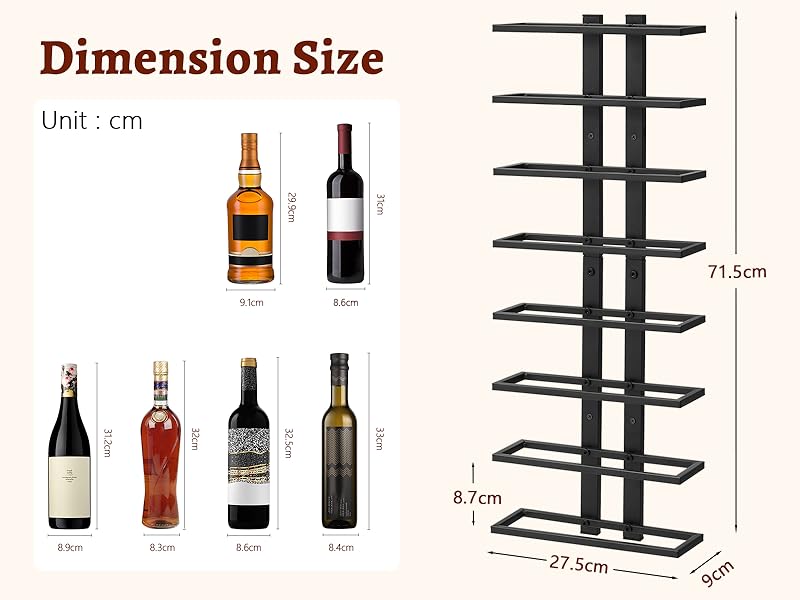 Schéma du casier à vin vertical montrant les dimensions. 71,5 cm de haut, 8 cm de large, avec 7 étagères horizontales. Le diagramme comprend des silhouettes de bouteilles pour référence de taille