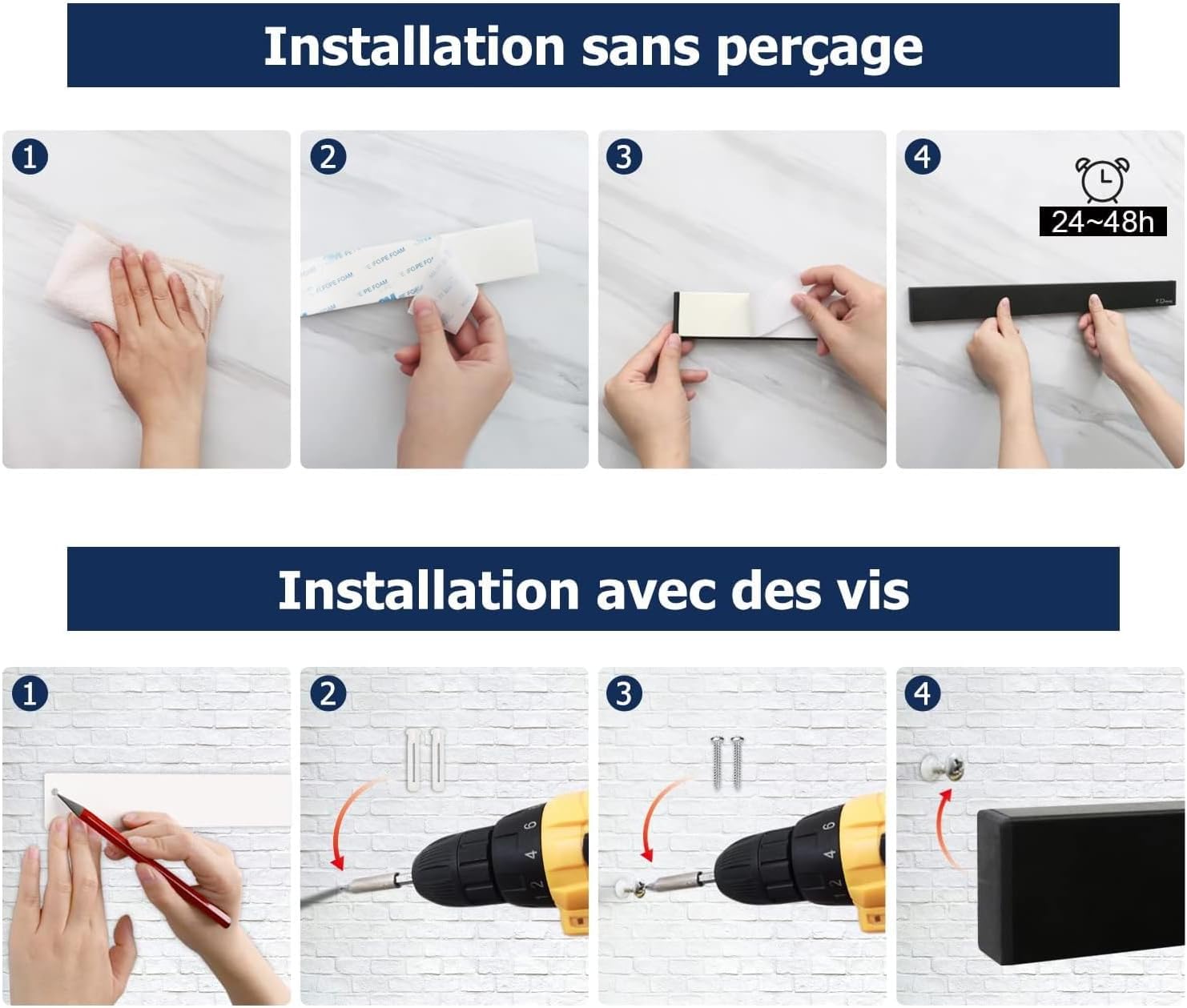 Dmore - barre magnétique 59 cm, 4 crochets, fixation adhésive