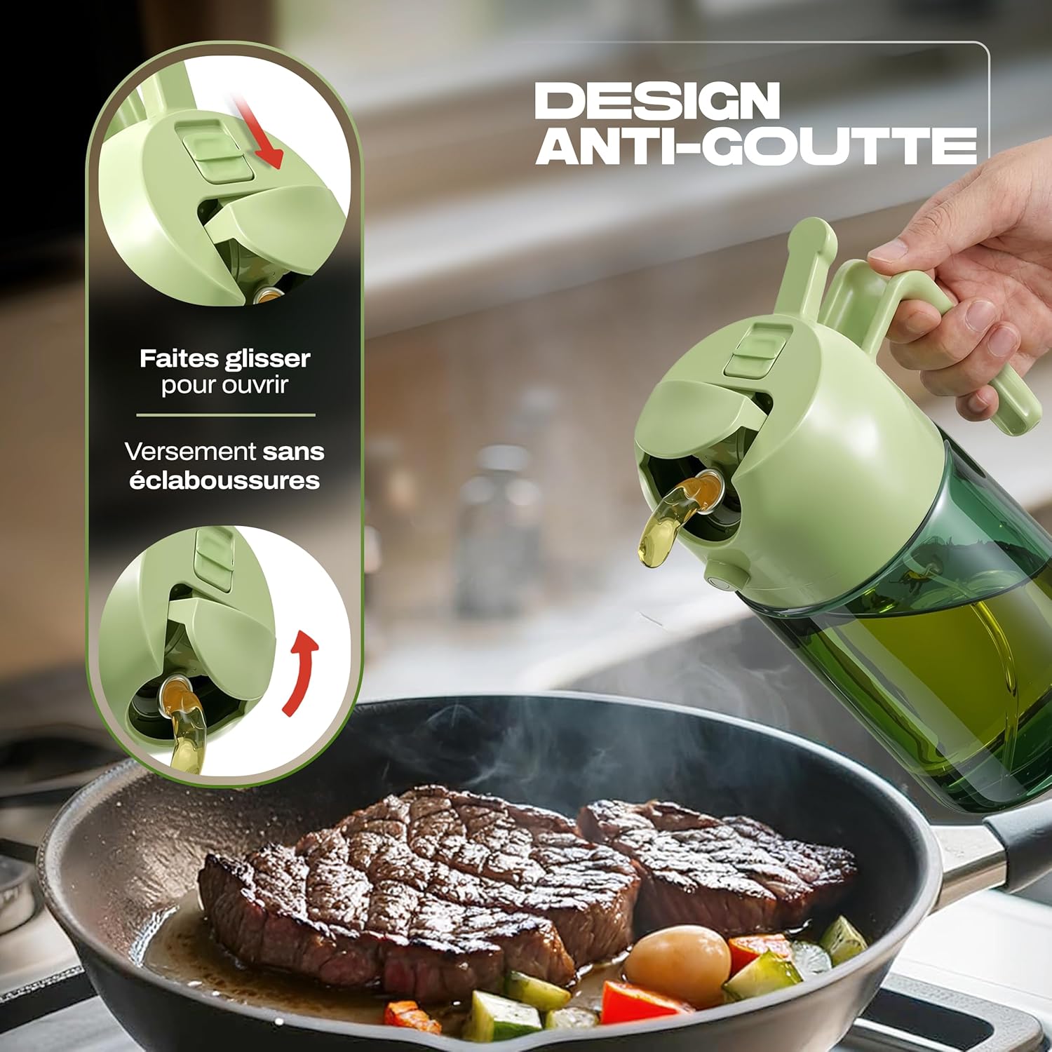 PORTENTUM - Spray huile cuisine 2en1, 470ml, verre vert, étiquettes multilingues