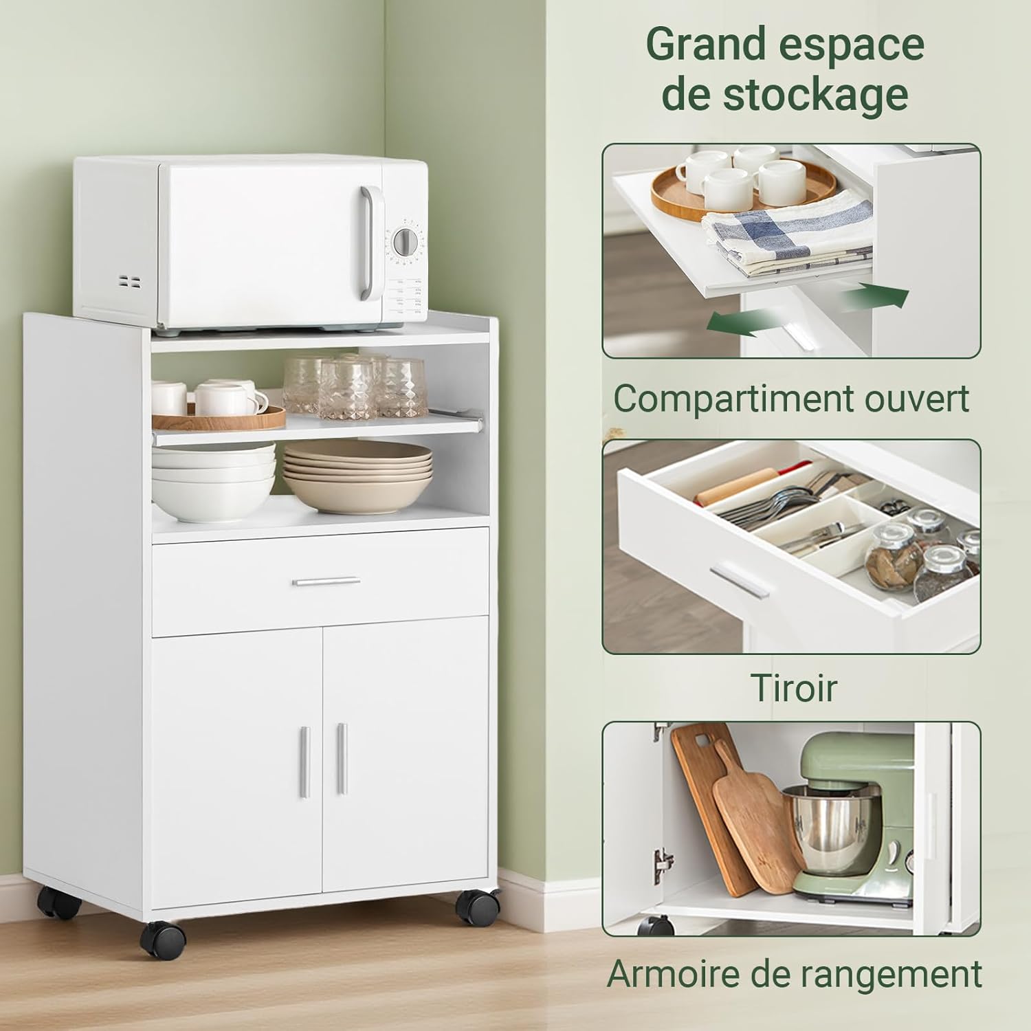 SoBuy - chariot de cuisine FSB09-W - 92×59×40 cm - plan de travail extensible, rangement micro-ondes
