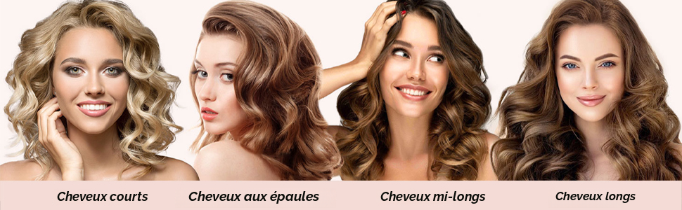 Tableau de comparaison de la longueur des cheveux montrant quatre styles différents étiquetés de court à long, avec des coiffures brunes ondulées montrant chaque longueur.