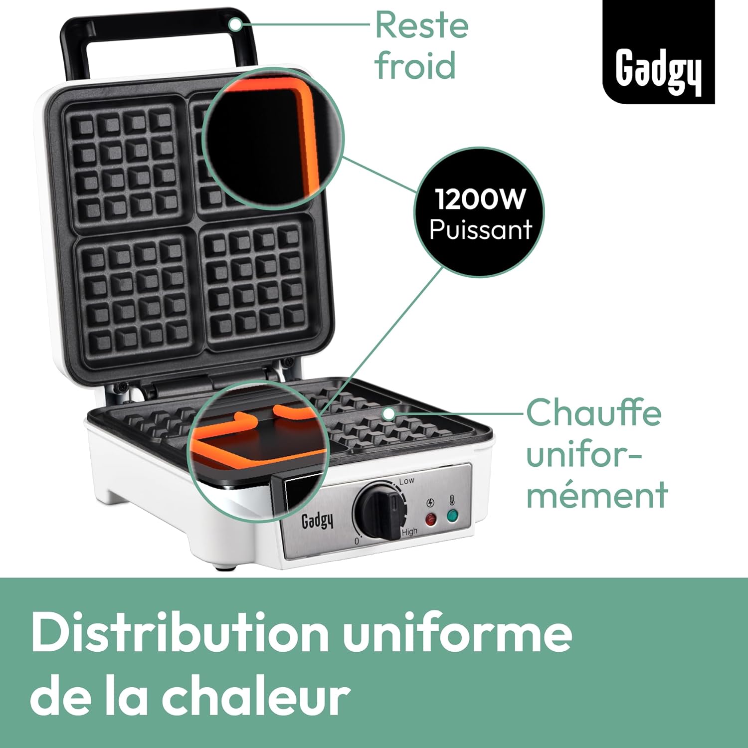 Gadgy - Gaufrier professionnel, 4x 8x8cm, 1200W, rapide et thermostat
