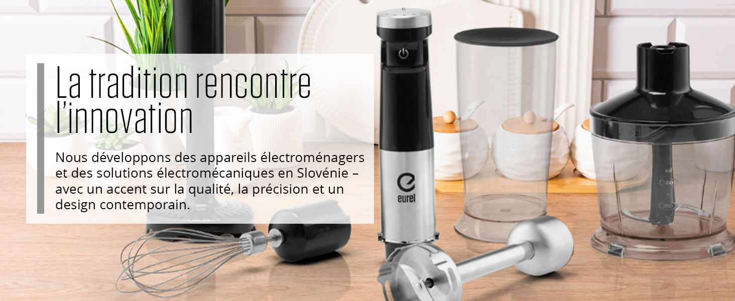 Le texte se lit comme suit : « La tradition rencontre l'innovation ». Présentation de divers récipients en verre et appareils de cuisine disposés en surface.