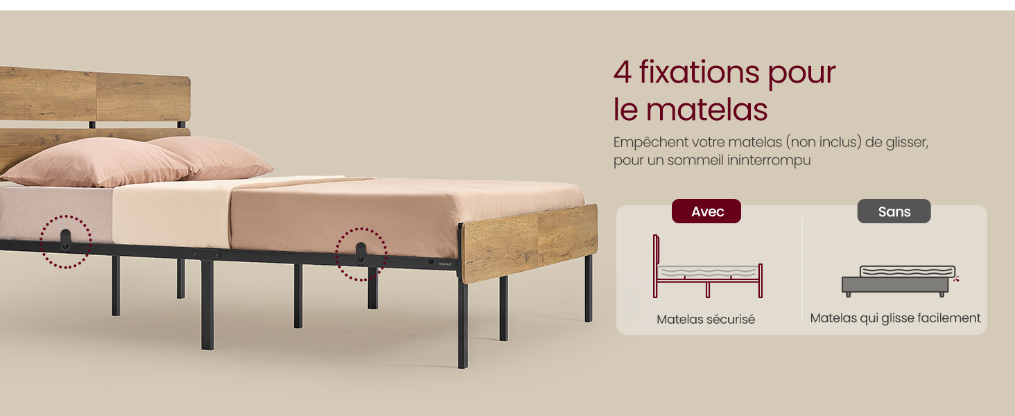 Le texte indique « 4 fixations pour » et « le matelas ». Image du produit montrant un cadre de lit ou un système de support de matelas avec des schémas techniques et des spécifications de mesure.
