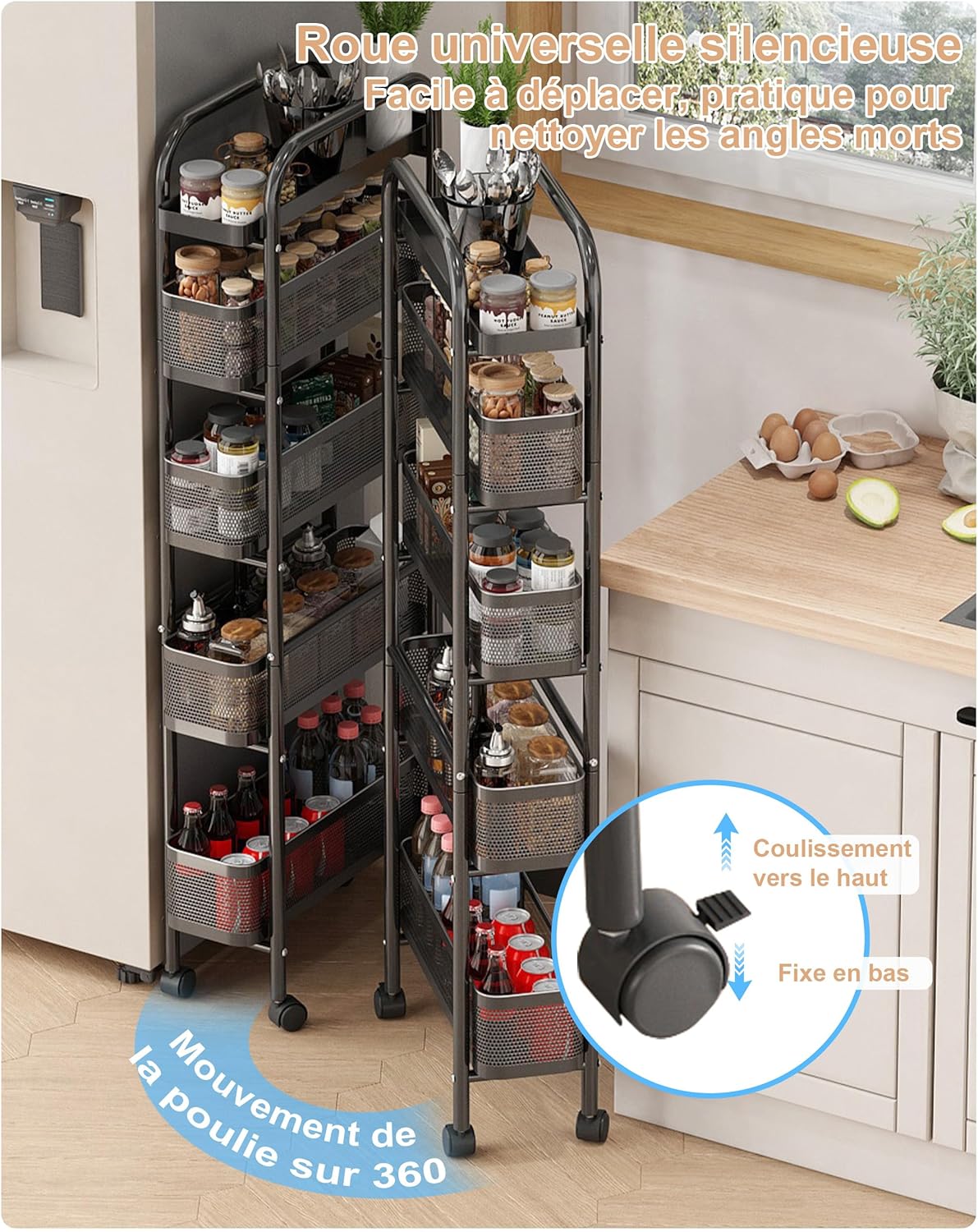 UMDONX - chariot cuisine 5 niveaux métal, étroit, tiroirs, noir UMDONX