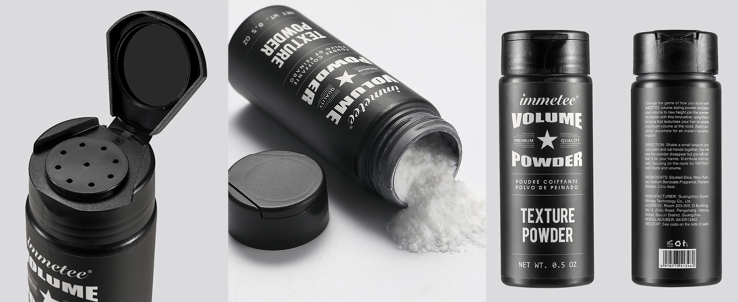 Produits coiffants en poudre dans des contenants noirs. Une bouteille avec bouchon filtrant, un shaker cylindrique et deux bidons élégants étiquetés