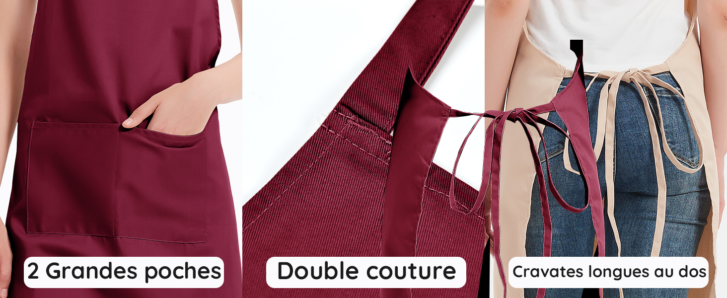 Image composite montrant trois caractéristiques d'un tablier : grandes poches, double couture sur les bretelles et longs liens à l'arrière pour un ajustement ajustable