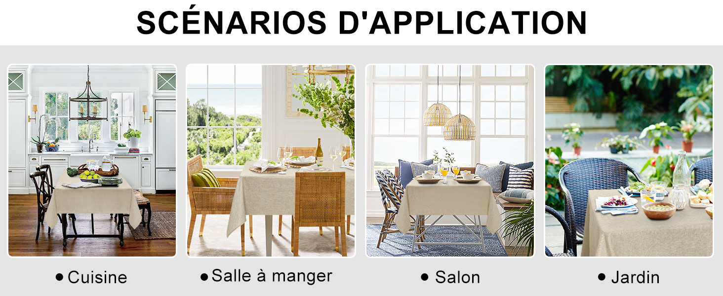 Quatre scènes d'intérieur montrant des applications de nappes : cuisine avec tissu blanc, salle à manger avec tissu beige, salon avec tissu bleu et jardin extérieur avec tissu