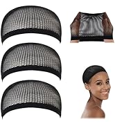 Ensemble de trois bonnets de perruque en maille noire disposés verticalement, avec des vues supplémentaires du produit montrant un matériau en maille extensible.