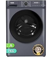 Vue de face d'une machine à laver moderne gris foncé avec panneau d'affichage numérique et porte circulaire. Affiche une capacité de 7 kg et des indicateurs de cote énergétique.