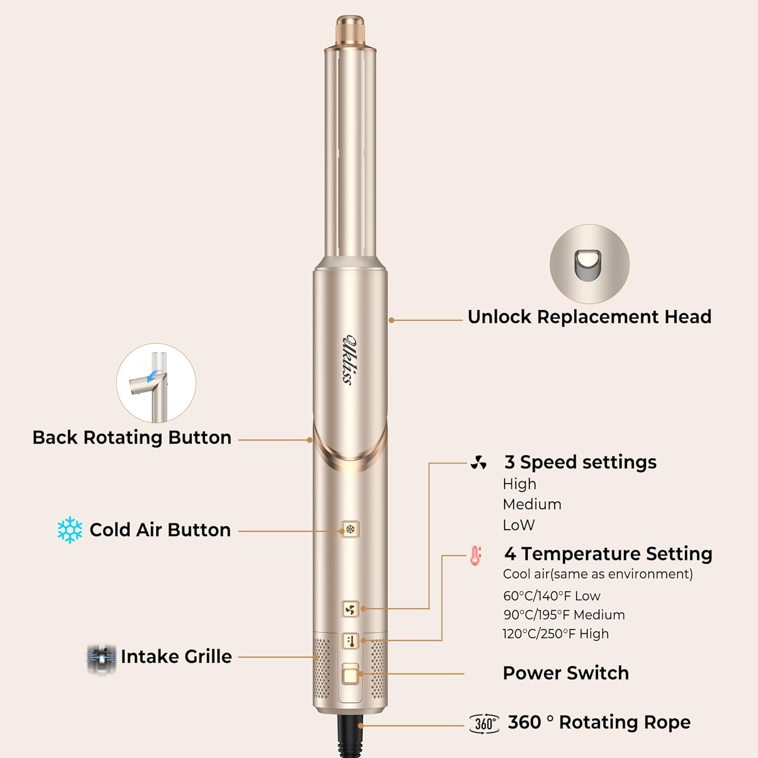 UKLISS - Airstyler 8 en 1 - coiffage auto et ionique - séchage rapide