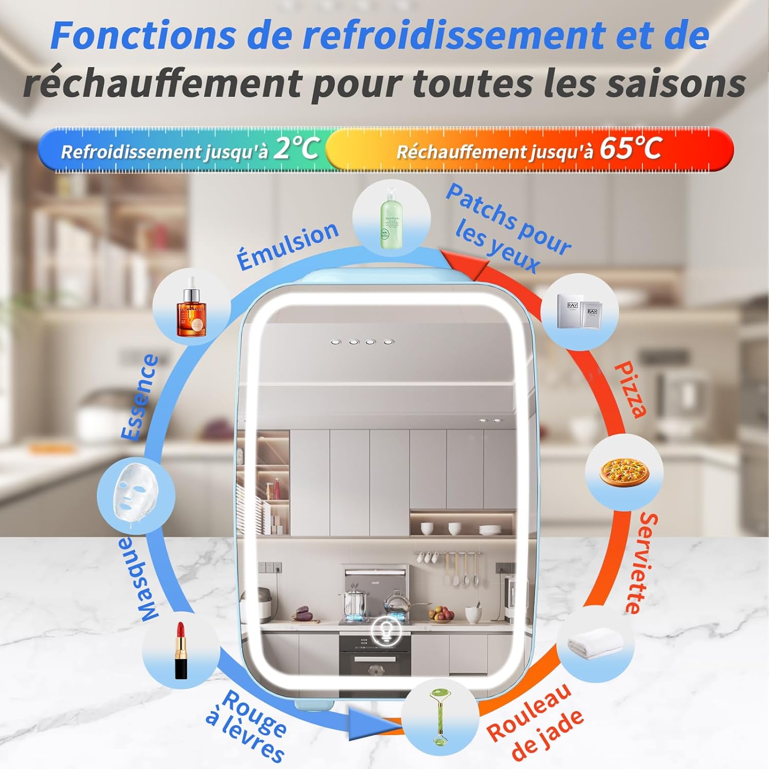 YASHE - Mini Frigo 4L - miroir LED, portable, chauffe et refroidit
