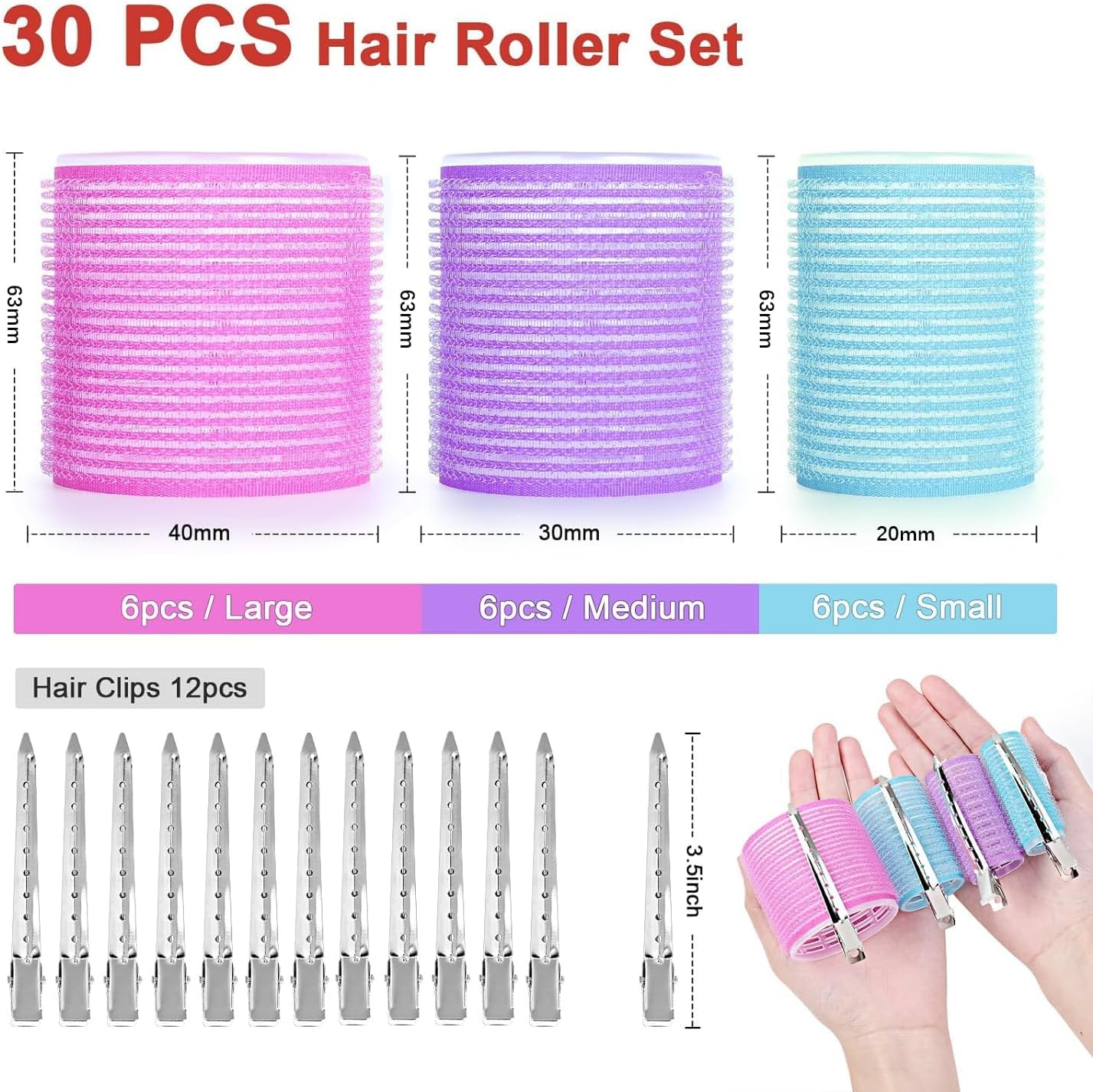 Bigoudis cheveux - lot de 30 rouleaux magiques et 12 pinces métal - pour femmes, enfants, styling DIY