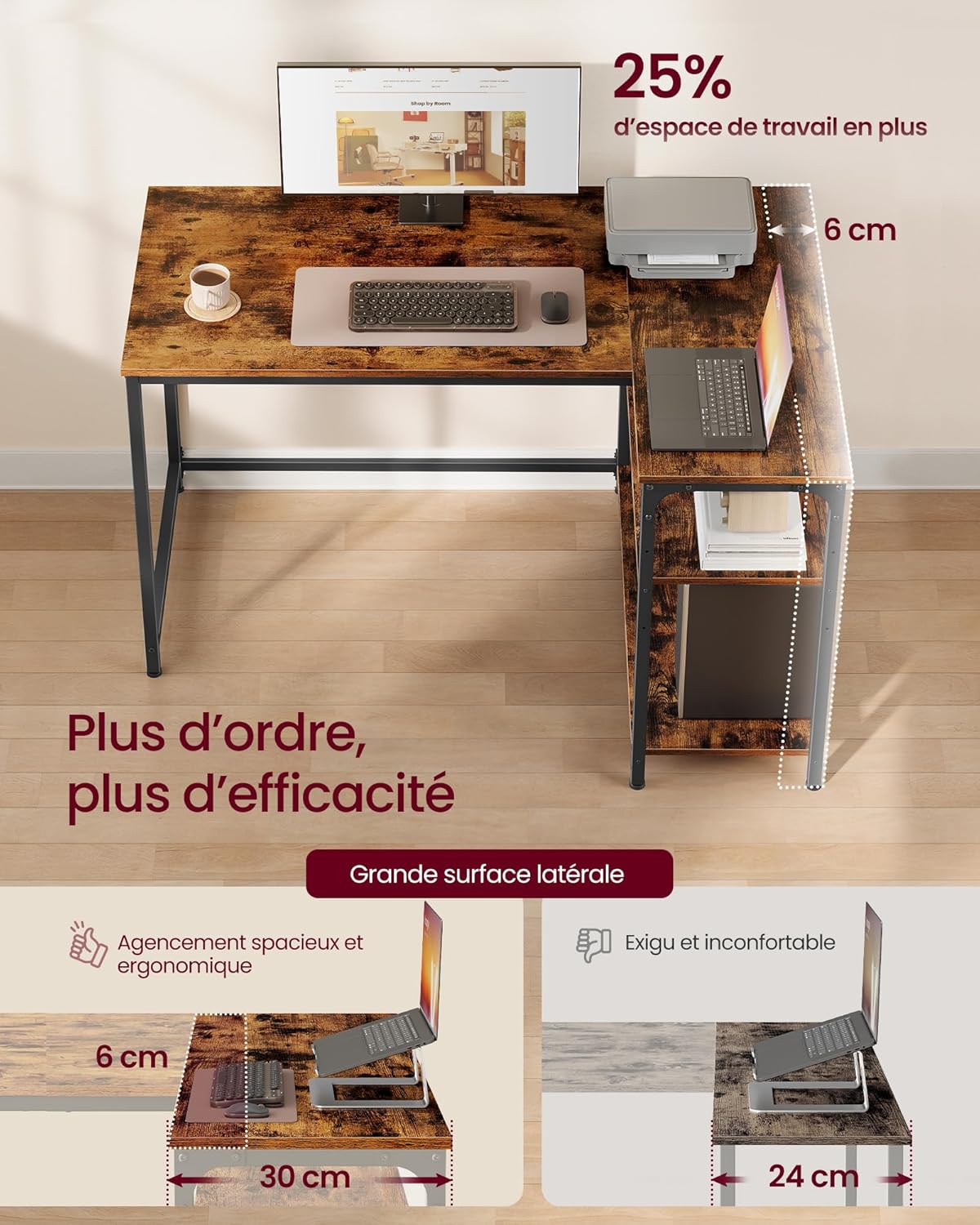 VASAGLE - Bureau en L - 110x80 cm - étagères ajustables, rangement, LWD135KD01