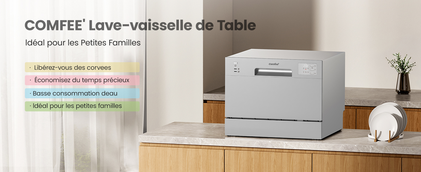 Le texte se lit comme suit : « COMFEE » Lave-vaisselle de table ». Montre un lave-vaisselle blanc compact dans une cuisine moderne avec un décor minimaliste.