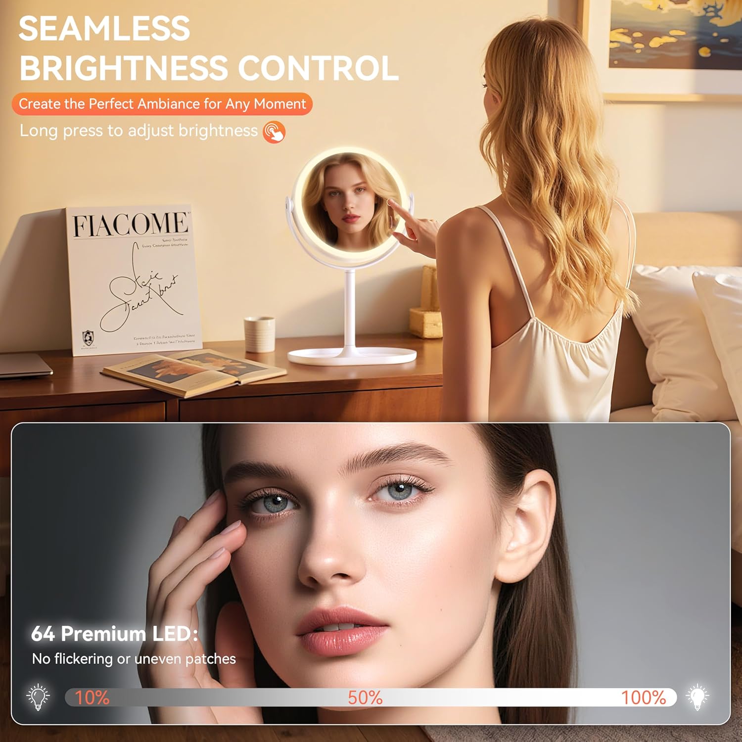 Auxmir - miroir maquillage LED, 30X/1X, 3 couleurs, tactile, 360°