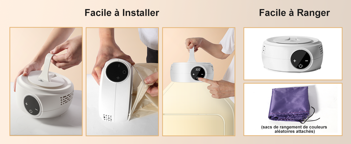 Instructions d'installation et de stockage pour un appareil circulaire blanc, montrant étape par étape le processus de manipulation et de placement avec le sac de rangement.