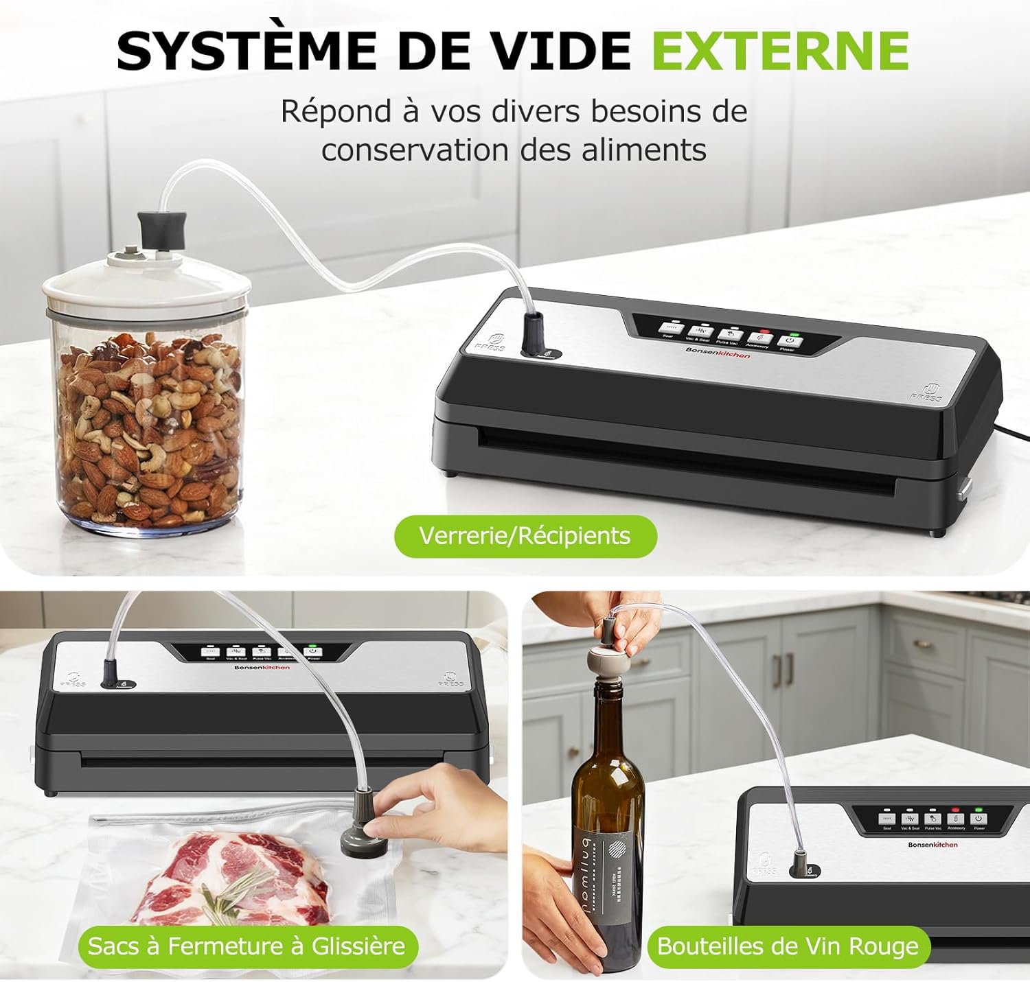 Bonsenkitchen – Machine sous vide – compacte – coupe-sac, rangement, rouleau, 5 sacs