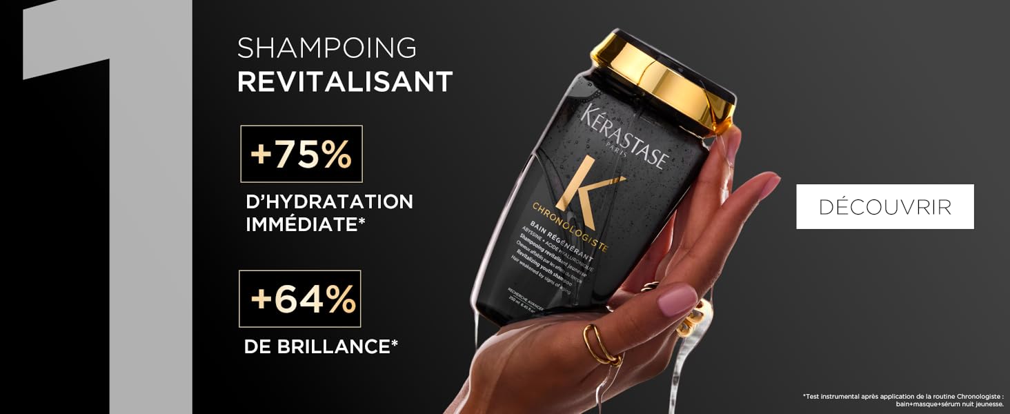 Le texte indique « SHAMPOOING REVITALISANT » et « +75 % », « +64 % ». Publicité de produits de beauté montrant des bouteilles en verre marron sur fond sombre avec des effets lumineux.