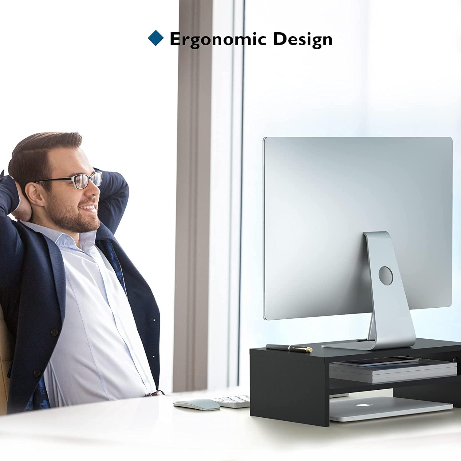 BONTEC - support écran 2 étages bois noir - 420mm - rangement optimal