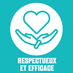 Fond bleu sarcelle avec icône blanche de mains tenant un cœur. Le texte ci-dessous indique « RESPECTUEUX ET EFFICACE » en majuscules blanches