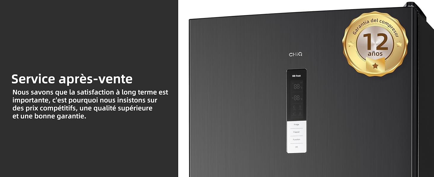 à surface texturée, avec un autocollant doré circulaire indiquant une garantie de 12 ans. L'image comprend un texte en français sur le service après-vente.