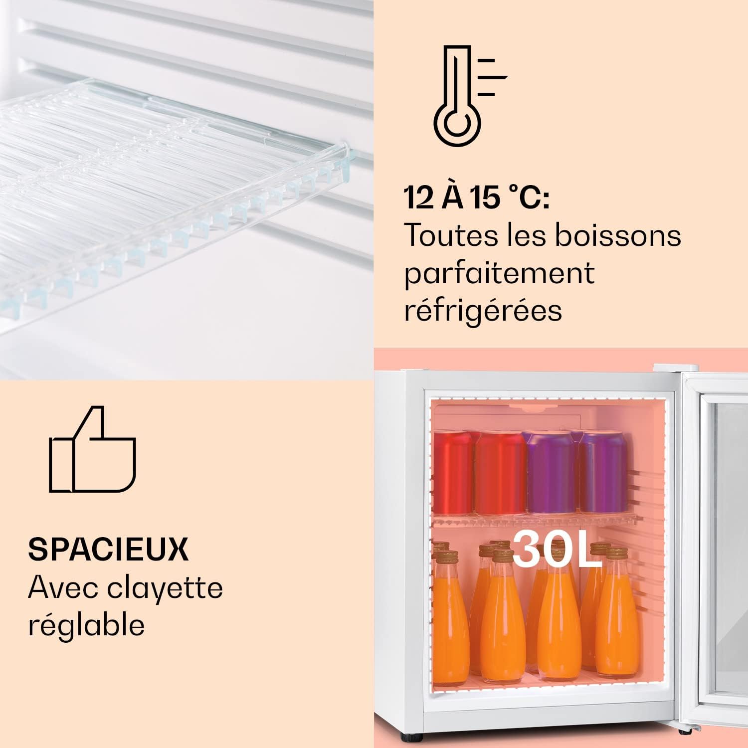 Klarstein - Mini Frigo 32L, silencieux, étagères réglables, 12-18°C