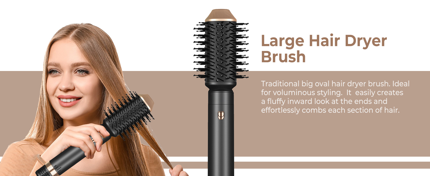 Grande brosse ronde à poils pour sèche-cheveux. Poignée et barillet noirs pour coiffer et sécher les cheveux simultanément.