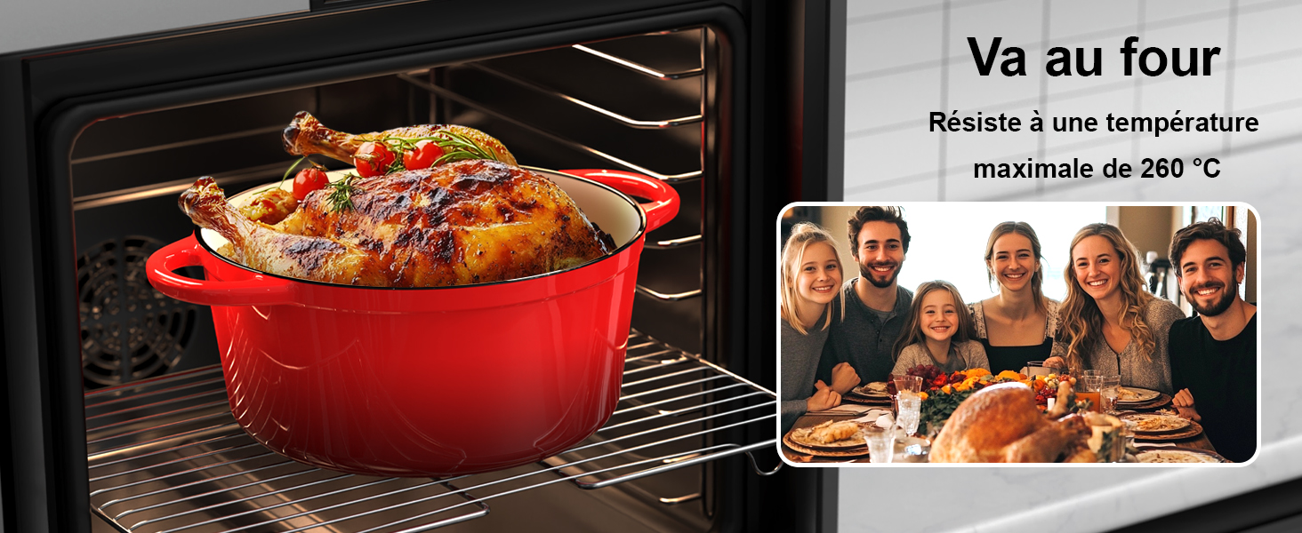 Le texte se lit comme suit : « Va au four ». Série d'images montrant une marmite en fonte émaillée rouge utilisée au four, avec des démonstrations de cuisson liées à la température.