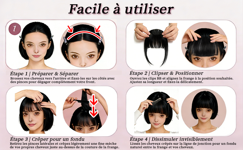 Le texte indique « Facile à utiliser ». Schéma pédagogique en quatre étapes montrant les étapes de coiffure numérotées de 1 à 4.