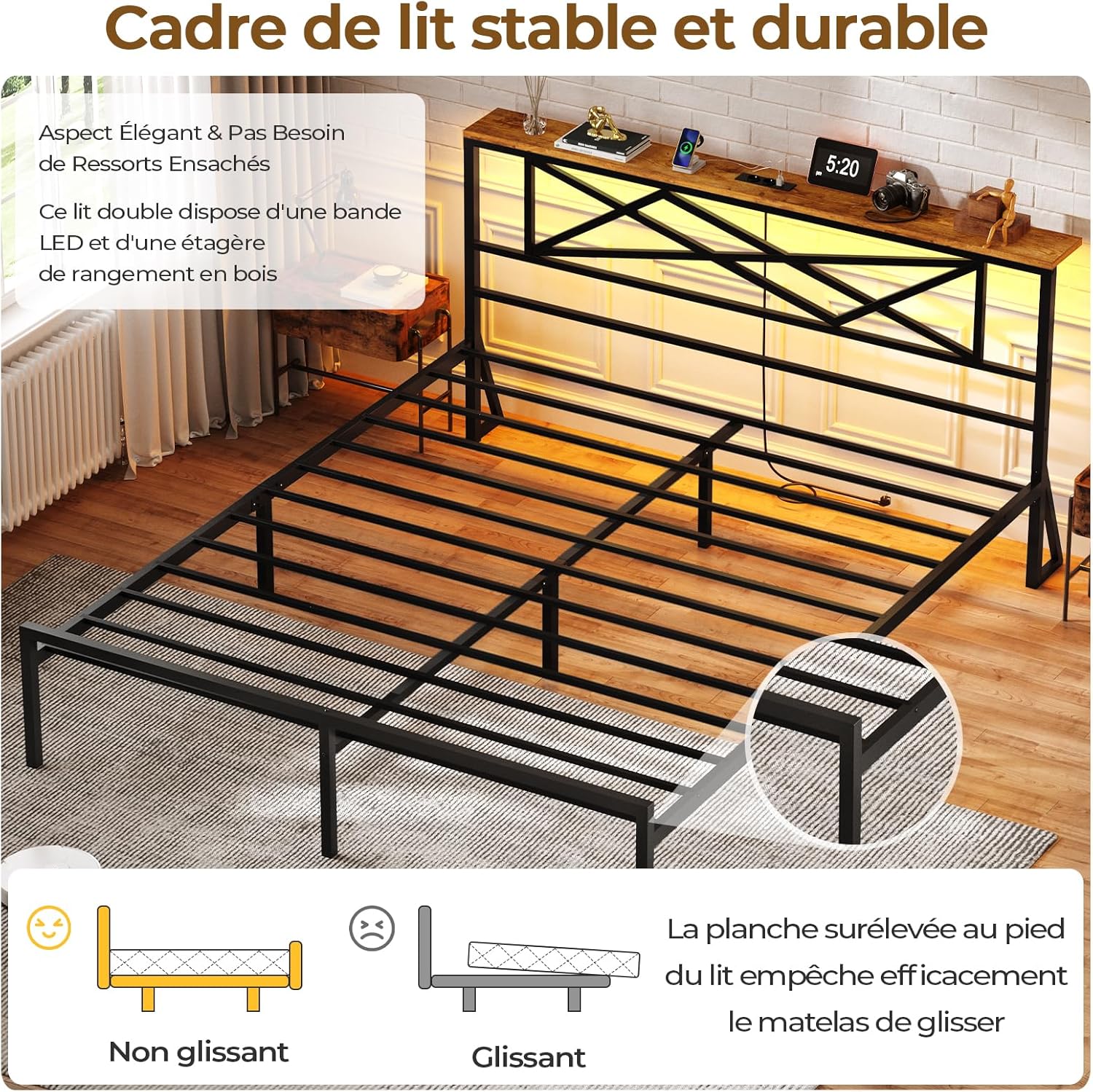 DICTAC - Lit LED avec ports USB, 180x200cm, rangement 32cm, métal