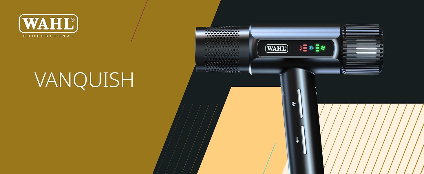 Le texte indique « WAHL VANQUISH ». Outil de coiffure professionnel noir sur fond doré.