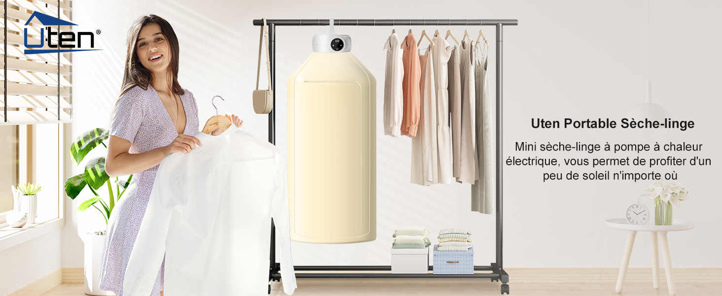 Porte-vêtements autoportant avec structure en métal présentant des vêtements suspendus sur une tringle, avec un écran de fond de couleur crème