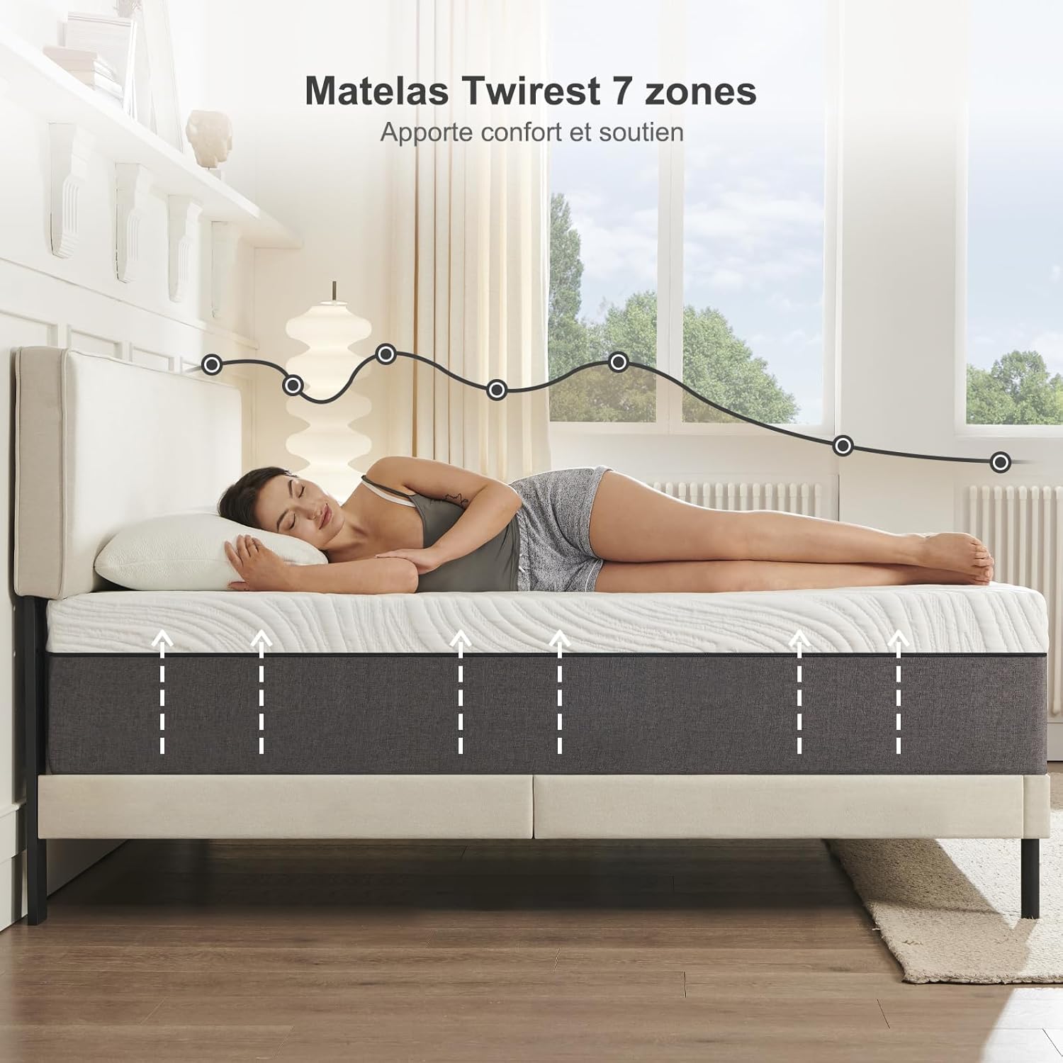 Matelas - 90x190 cm - mousse mémoire, 18 cm, 7 zones, réversible, gris