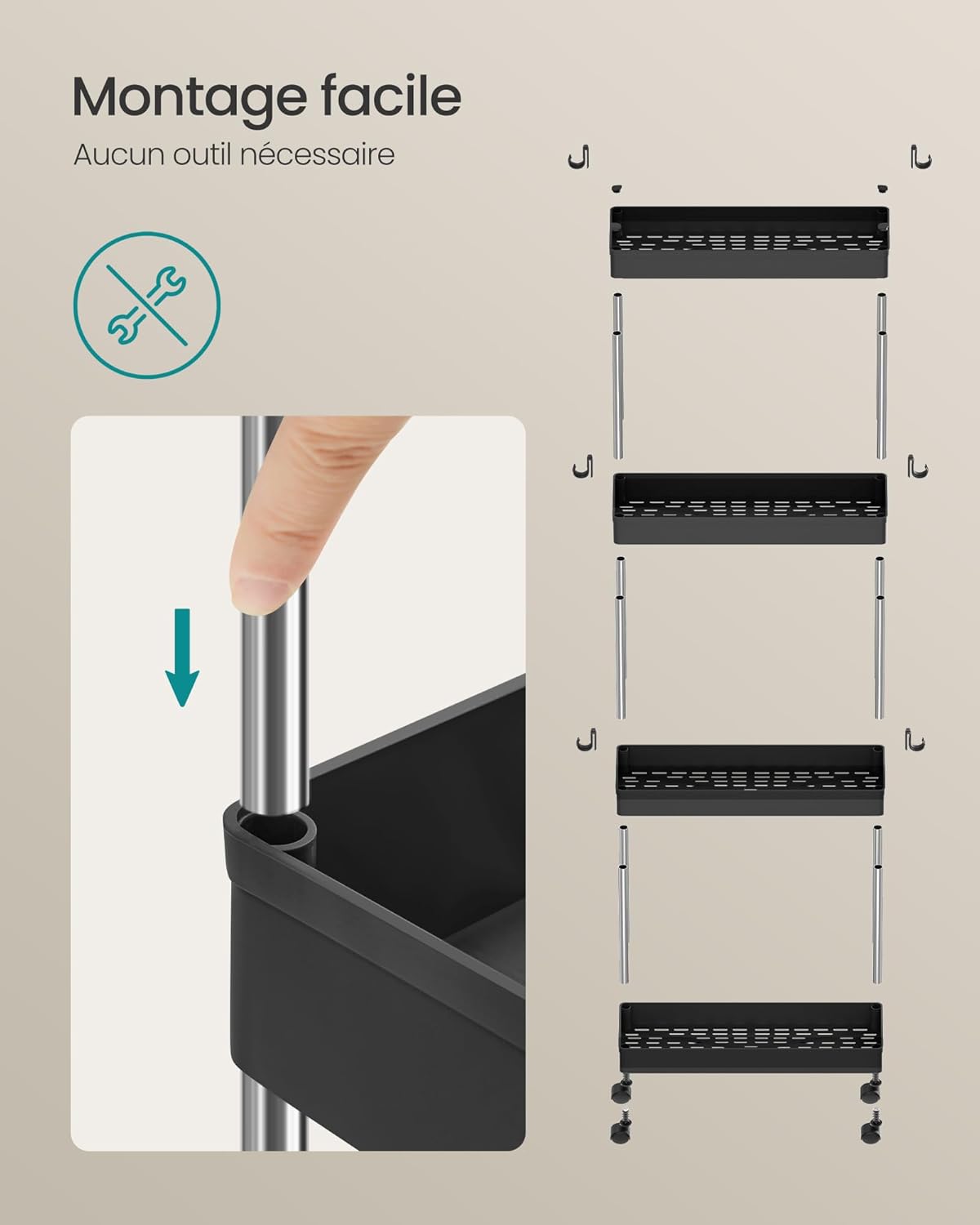 SONGMICS - chariot 4 niveaux, acier, 14,4x42x86cm, 6 crochets, KSC008B01