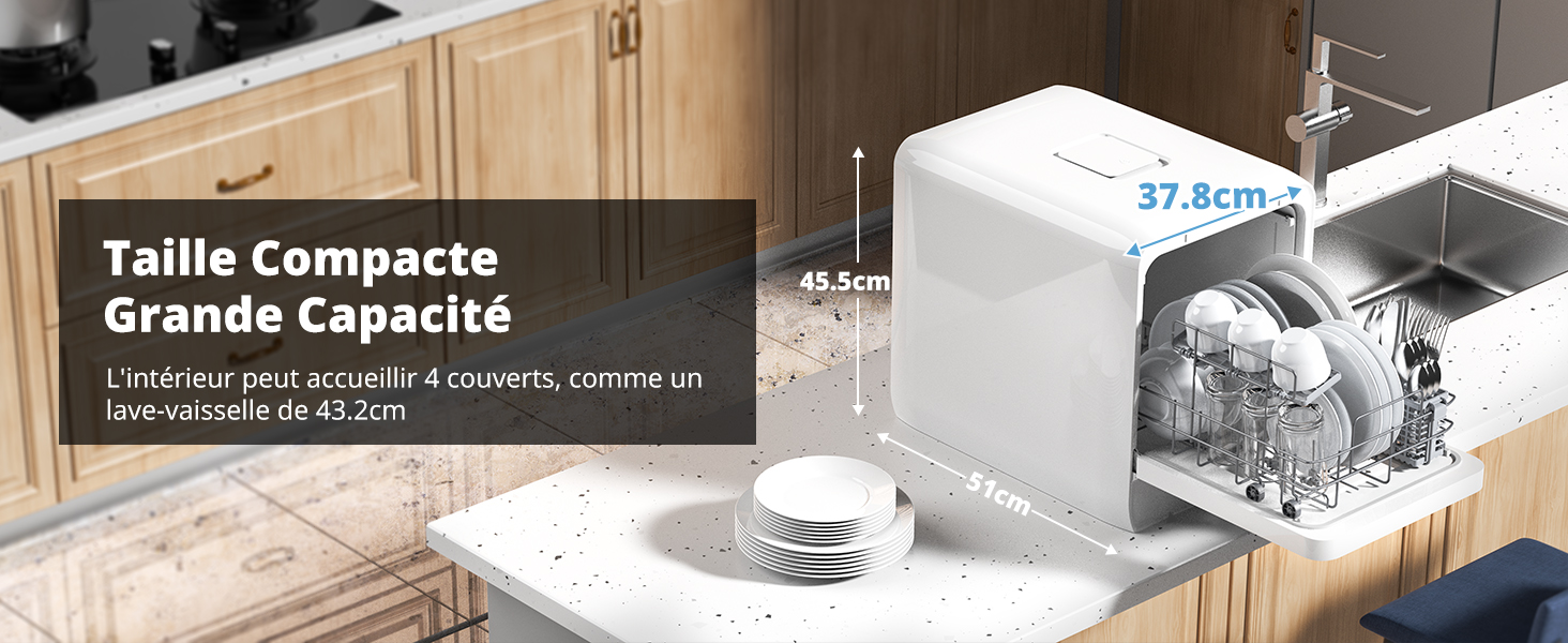 Schéma technique du produit montrant les mesures d'installation et les spécifications d'un appareil compact en texte français