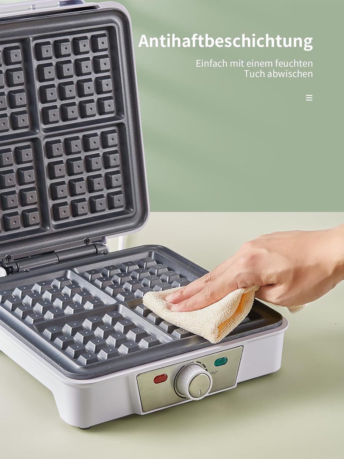 Gaufrier électrique 4 plaques, 1200W, 5 niveaux, antiadhésif, blanc