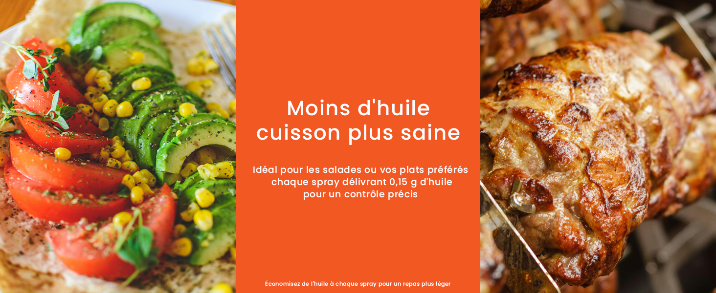 Image divisée montrant une salade fraîche à l'avocat et aux légumes accompagnée d'un plat de viande grillée, séparée par un panneau de texte orange.