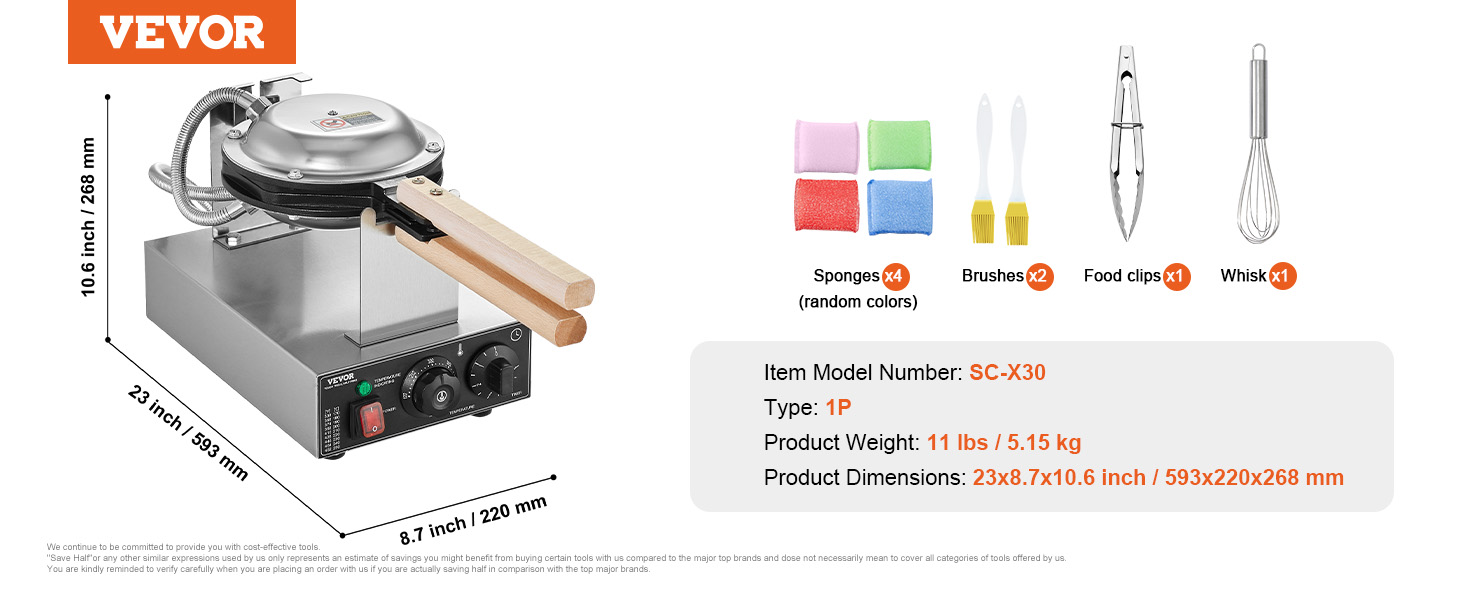 Le texte indique « VEVOR ». Schéma technique montrant les spécifications et les dimensions du gaufrier, avec indicateurs d'accessoires codés par couleur et détails de mesure.