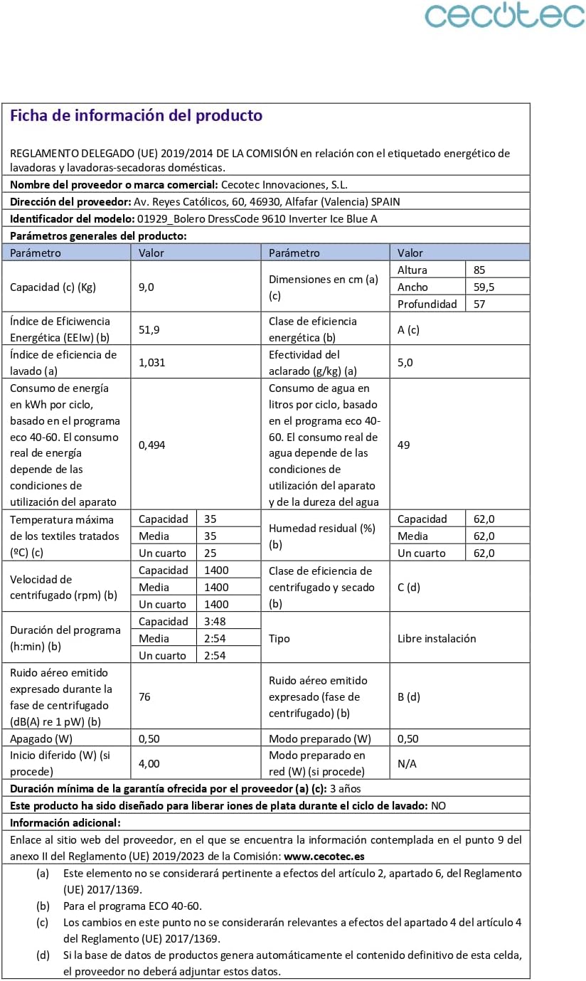 Cecotec - Bolero Dresscode 9610 - lave-linge 9kg, 1400RPM, vapeur, Inverter, 2000W, A
