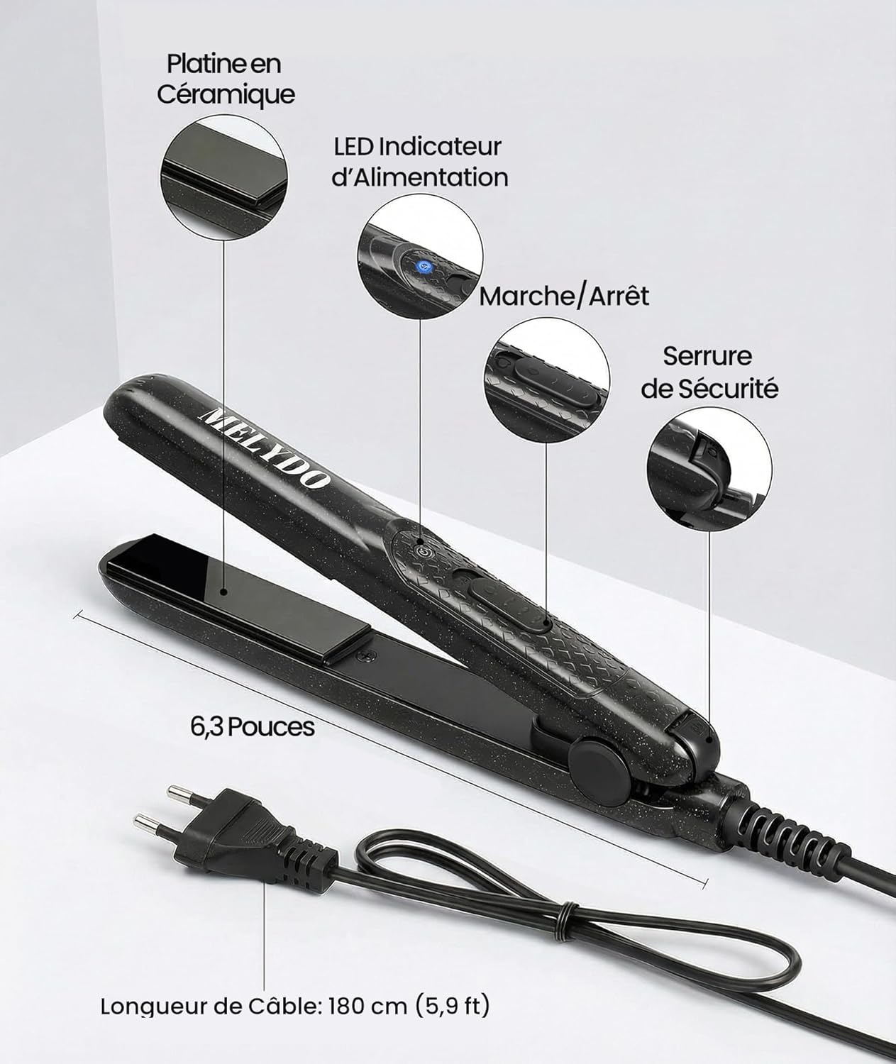 Mini lisseur cheveux courts - portable céramique 210°C, double tension, chauffage rapide