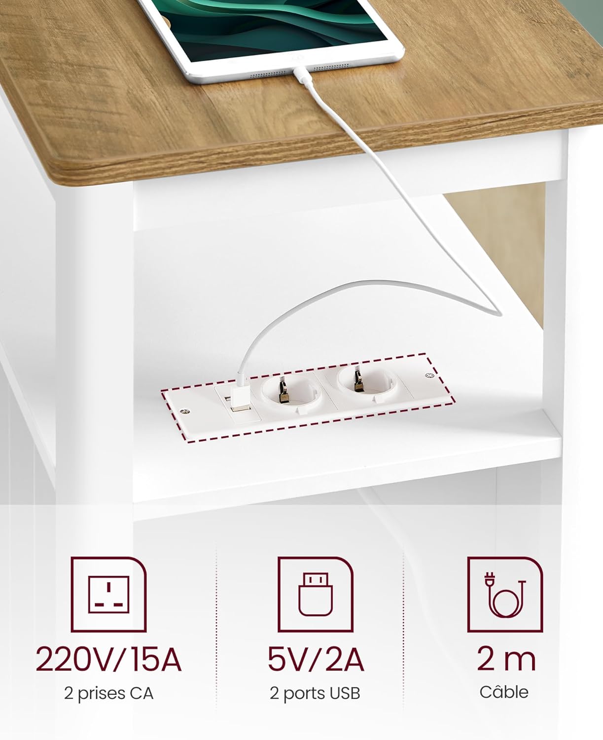 VASAGLE - Table d’appoint série LET - 2 tiroirs, multiprise, rangement compact - LET327W14