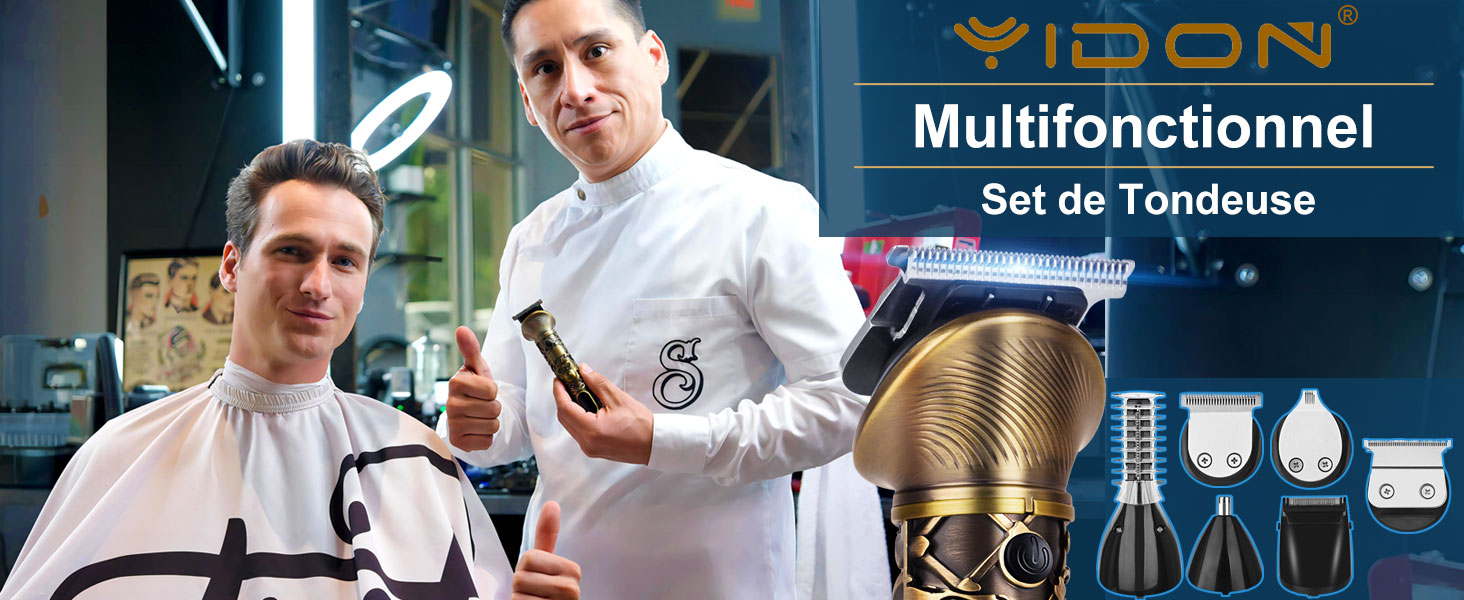 de la marque IDON présenté avec du matériel de toilettage professionnel et des accessoires sur fond bleu