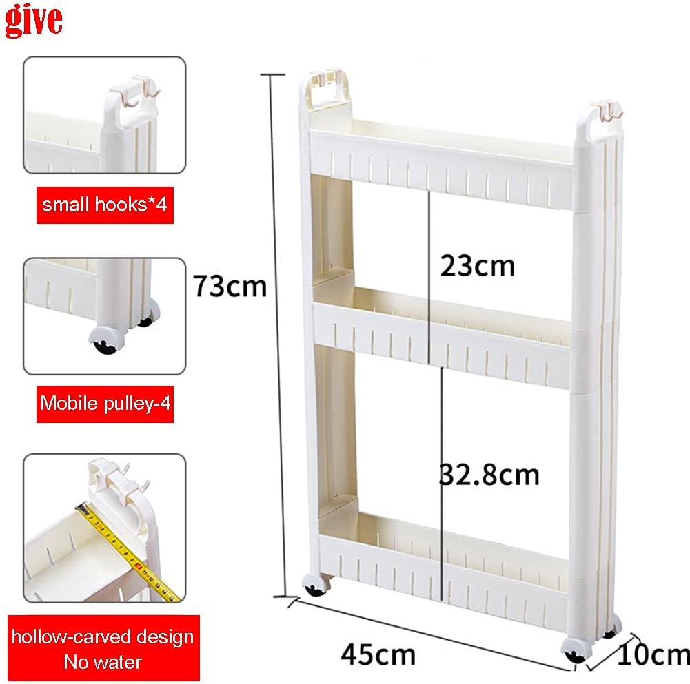 Chariot de rangement - 3 niveaux - plastique, 10 cm large, blanc, mobile