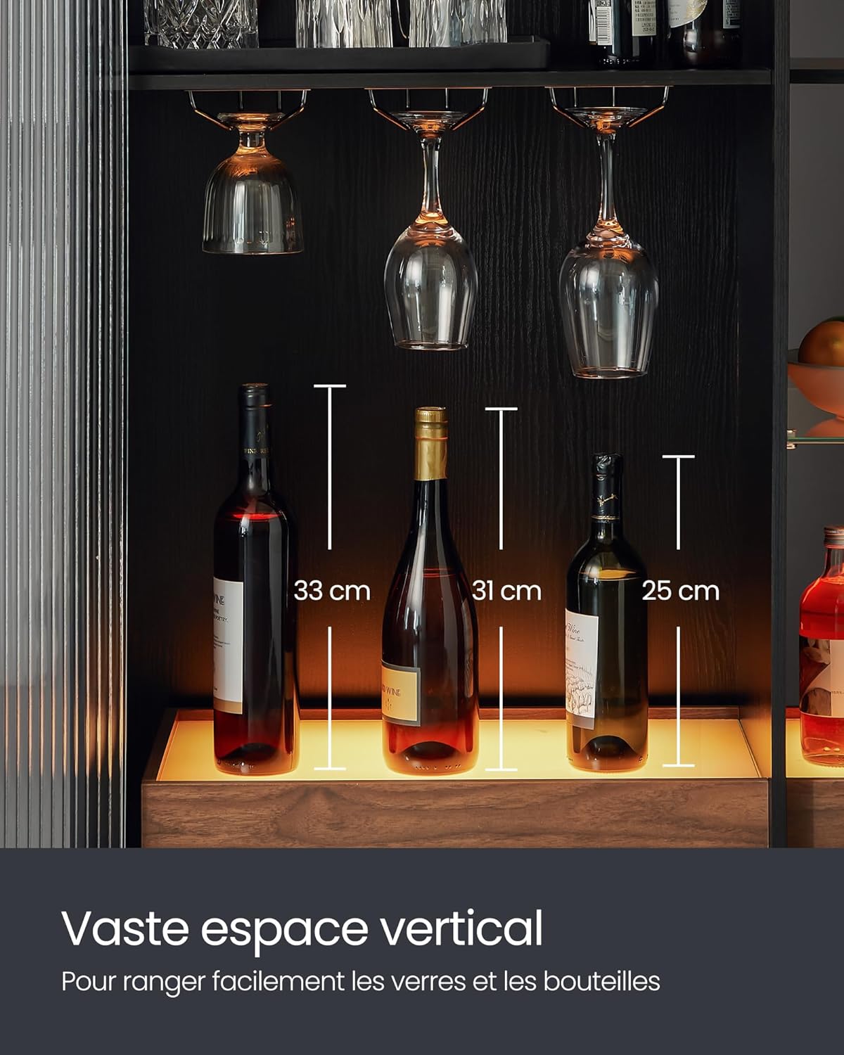 VASAGLE - bar à vin LED, porte-verre, porte vitrée, 100x40x80 cm - BBK361B21