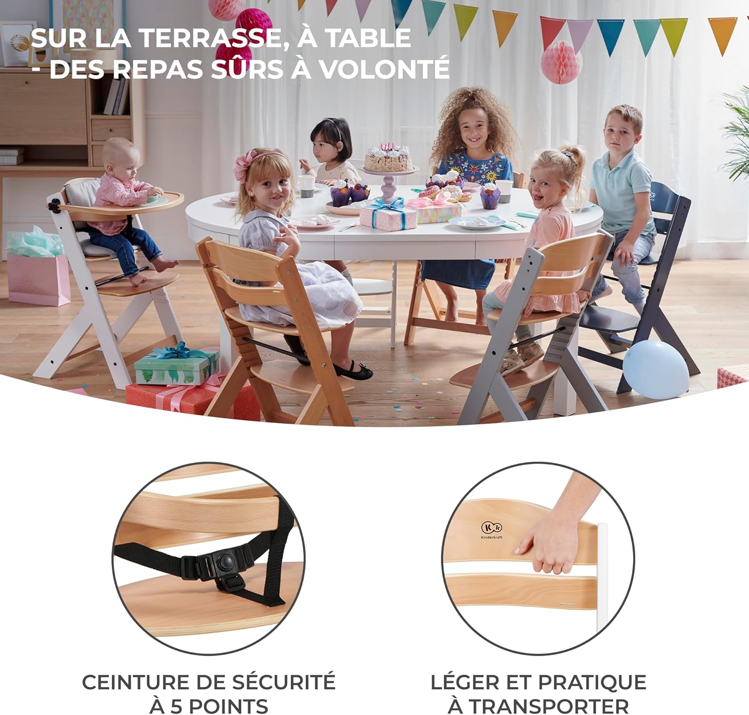 Kinderkraft - Chaise haute ENOCK - bois naturel évolutif réglable, 3 en 1