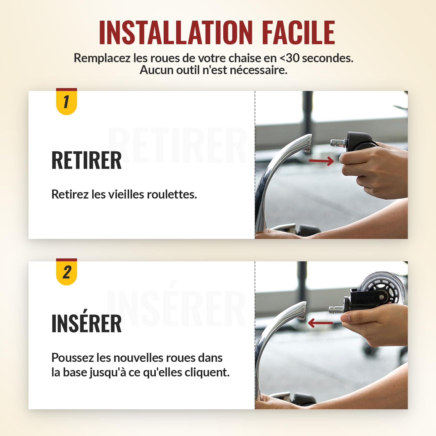 HOLKIE - roulettes chaise bureau 11x22mm - caoutchouc, lot 5, sols bois et tapis